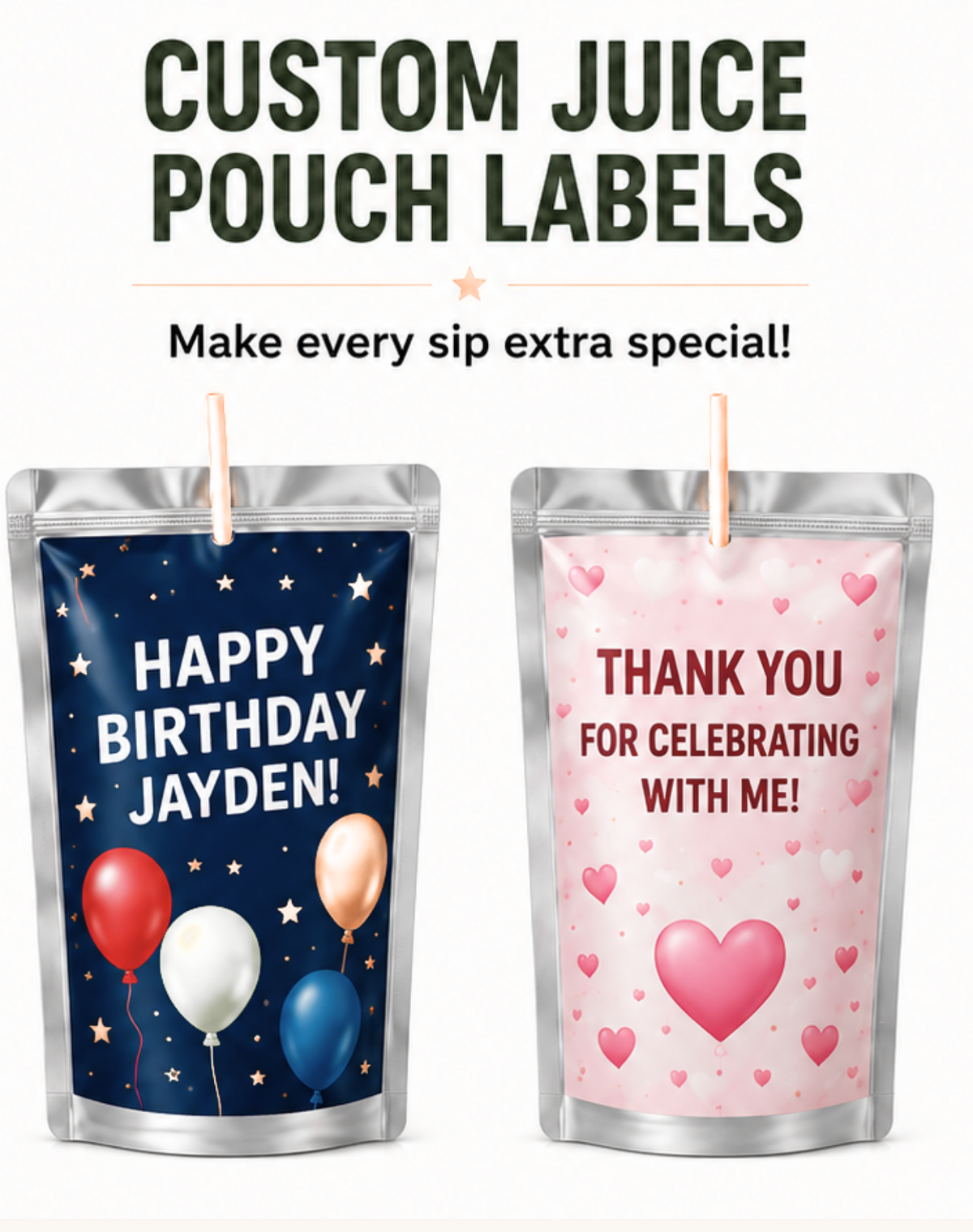 Custom Labeled Juice Pouches Assembled or Printed Labels Only, 5 by 7 inches
