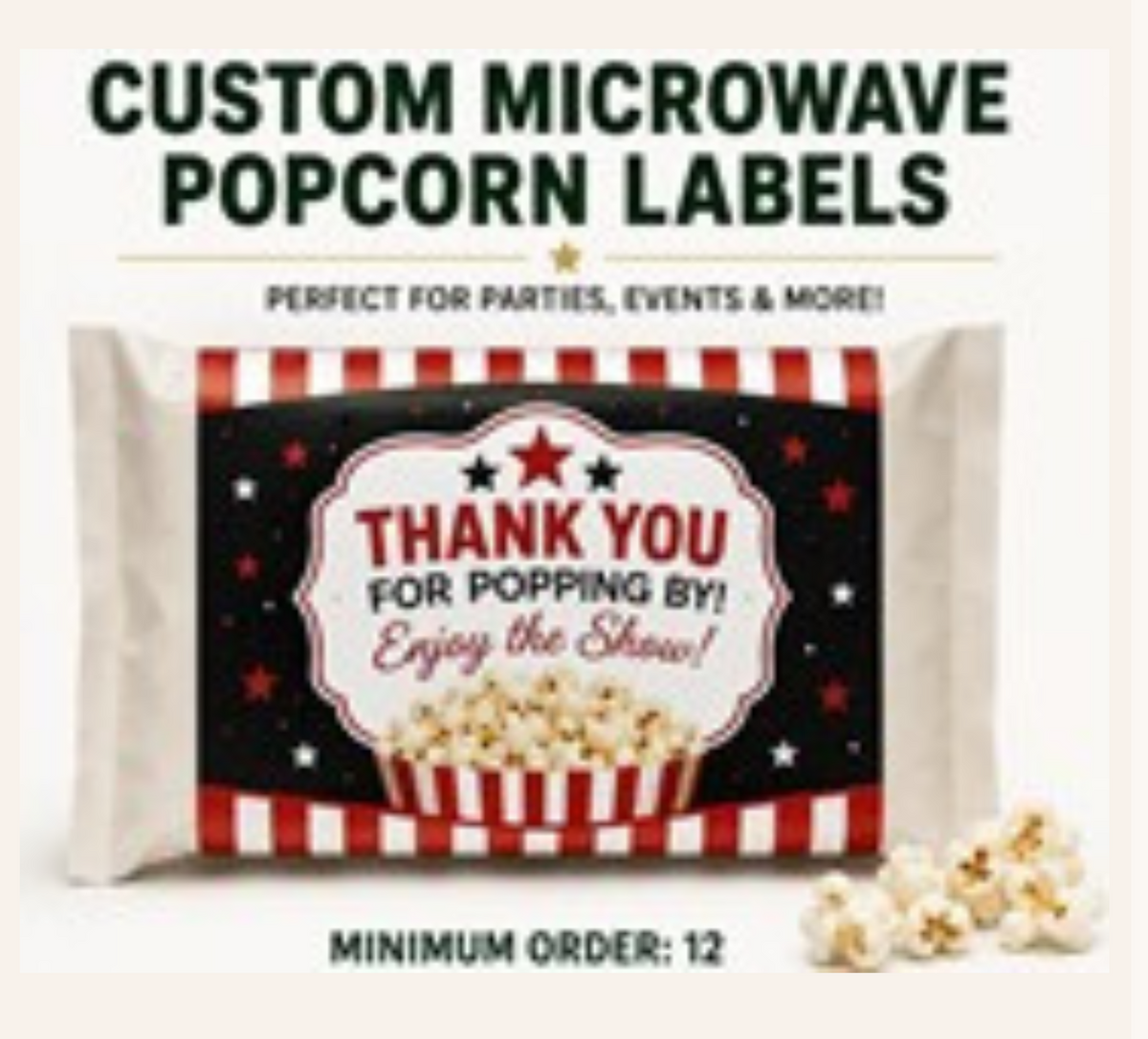 Custom Labeled Popcorn Wrappers Assembled or Printed Labels Only, 3 by 5 inches