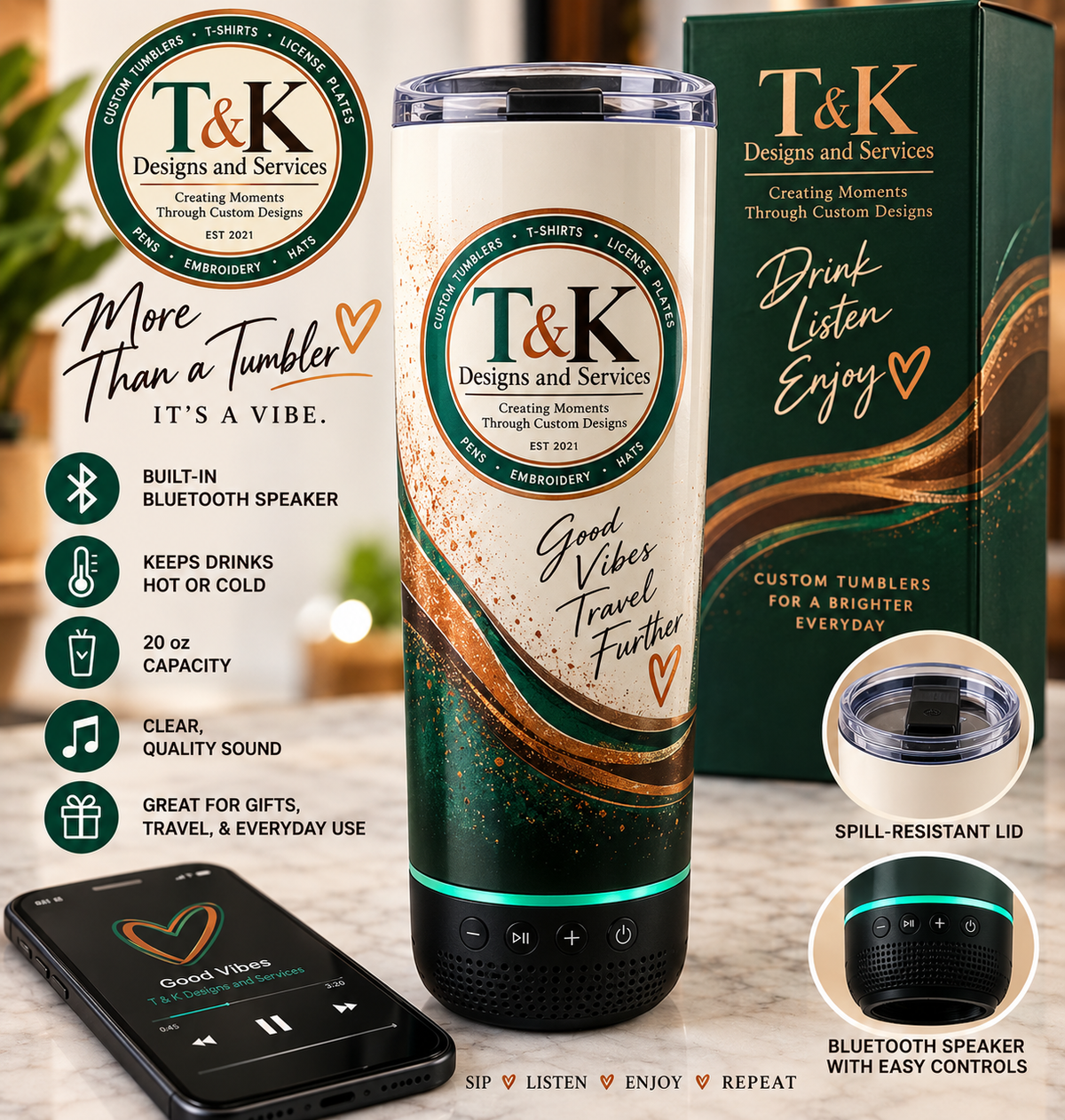Custom Tumblers Bluetooth, 20 oz