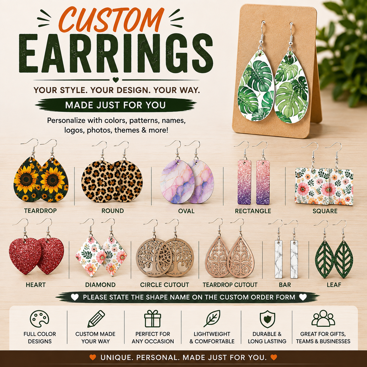 Custom Earrings, Select Shapes Available