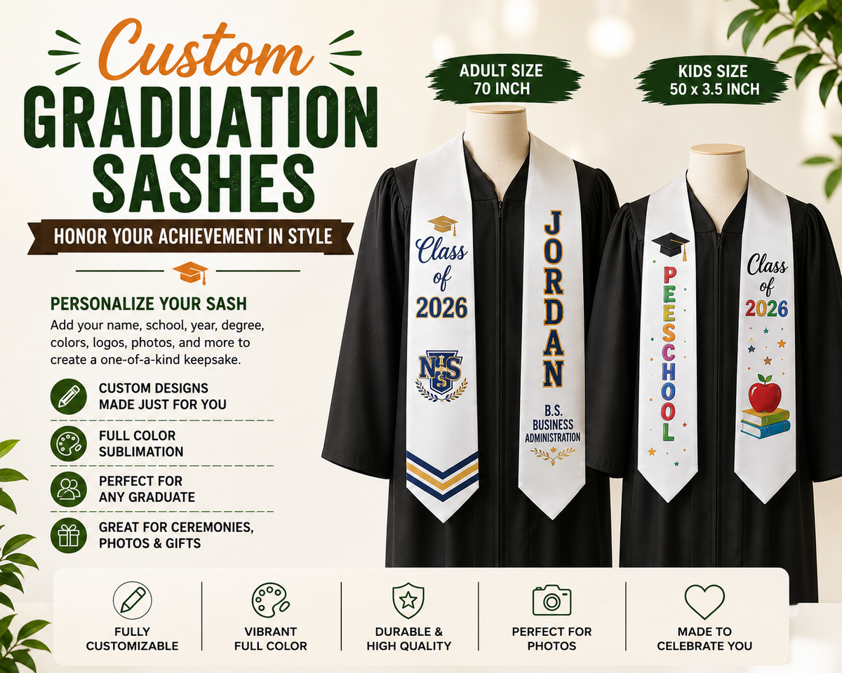 Custom Sashes 3.5 by 50 inches children, 4.3 by 70 inches adults