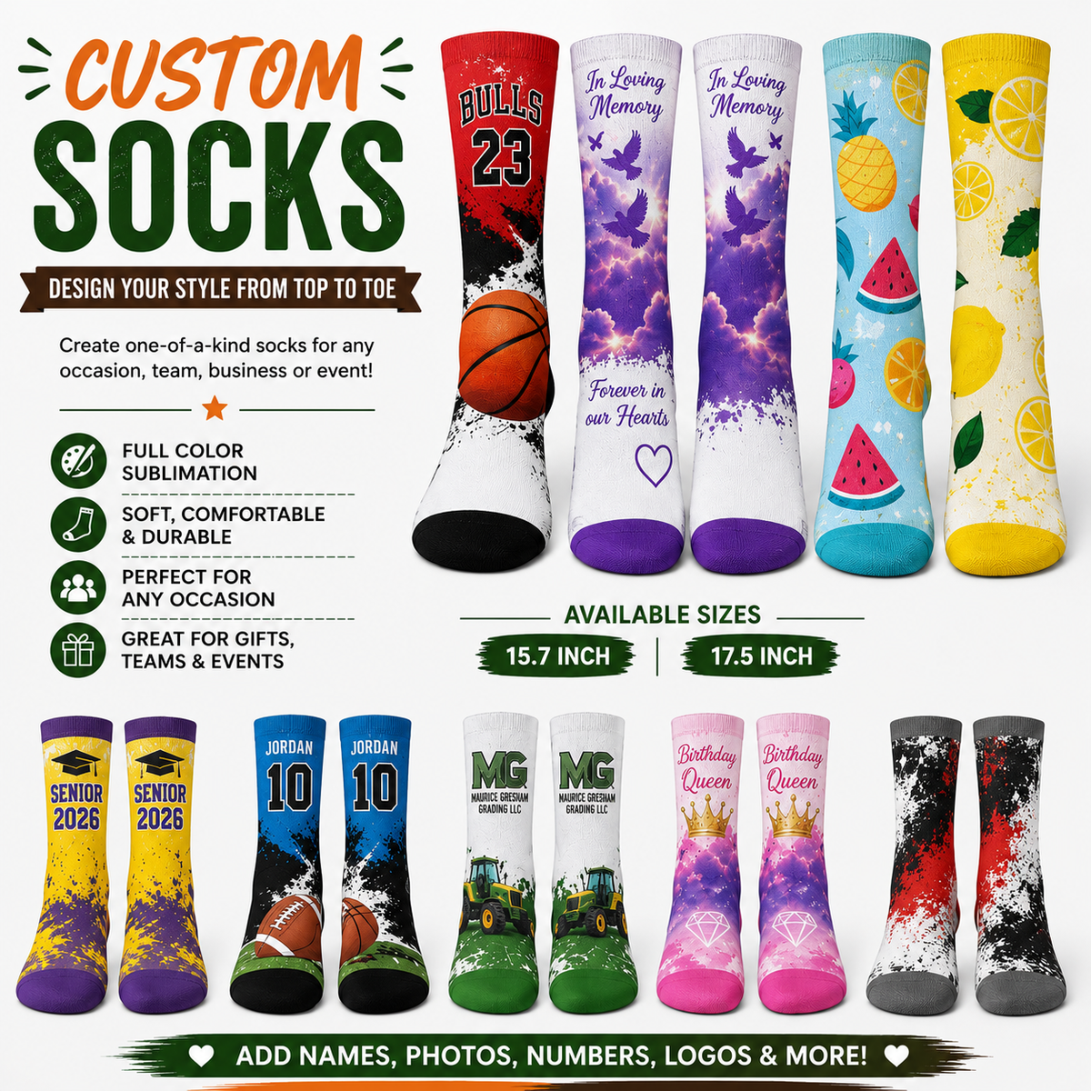 Custom Socks 3.3 by 15.7 inches or 3.3 by 17.5